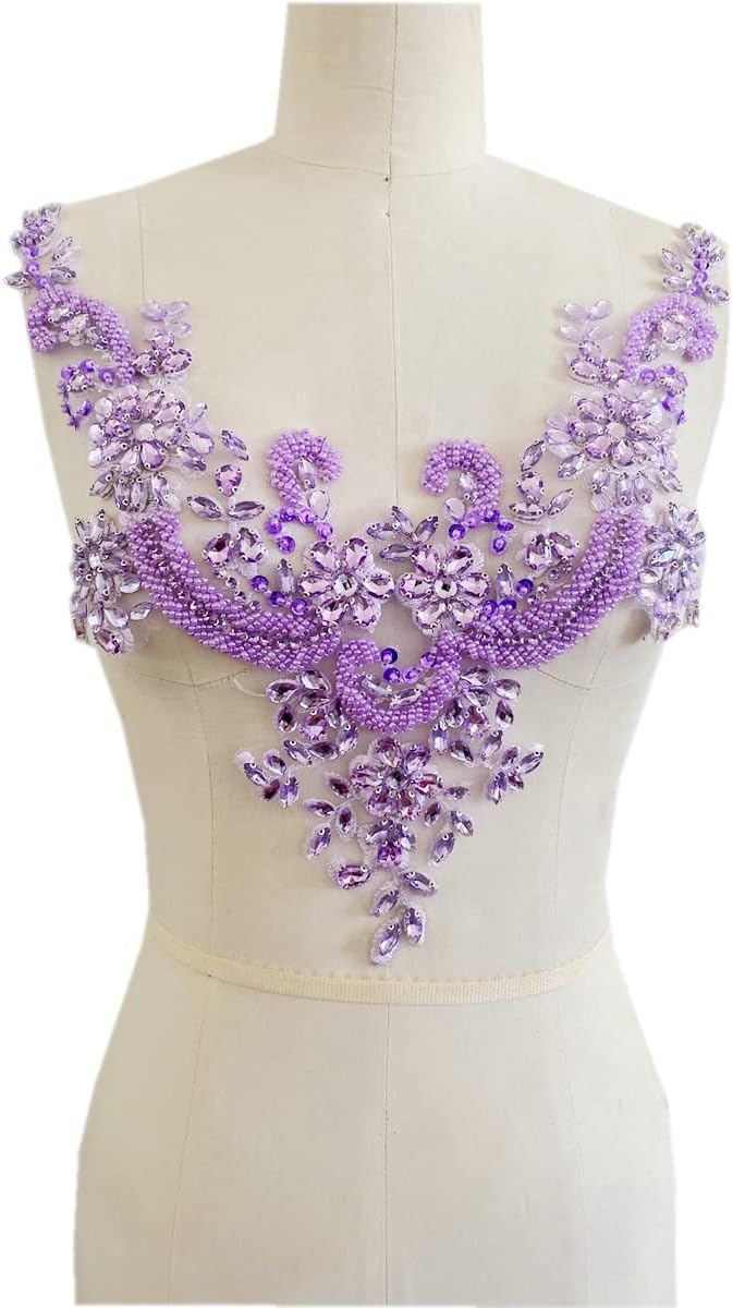 wtbvn Handmade Rhinestones lace Applique handsewing Beads Trim Patches Neckline for Dress Clothes Accessory (Light Purple) - Image 2